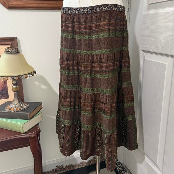 Future Paradise by Anthropologie Brown & Green Beaded Boho Fairy Midi Skirt 10/M - Picture 1 of 8